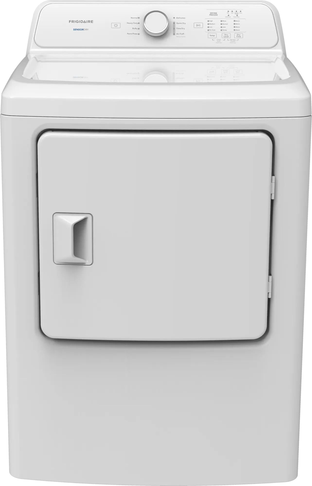 white gas dryer with front door, control dial, and multiple cycle options for home appliances and dryers collection