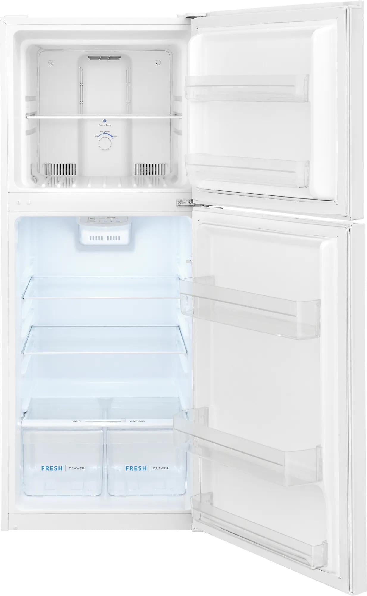 Open white top freezer apartment-size refrigerator with adjustable shelving and fresh crisper drawers in appliances collection