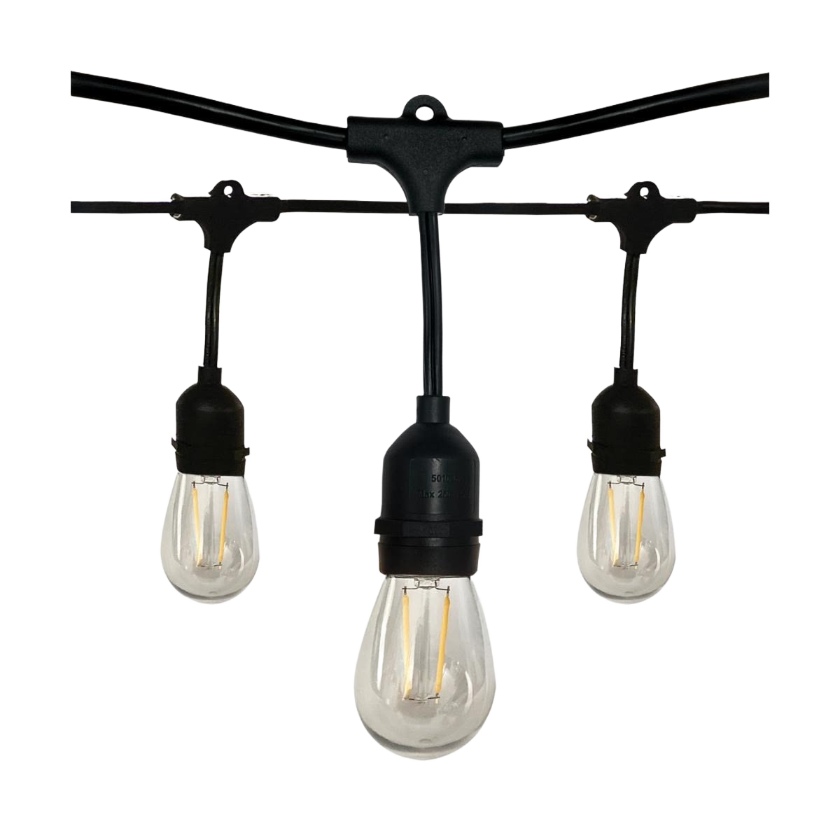 Three warm white LED filament bulbs on black wire string lights for outdoor and indoor lighting decor collections