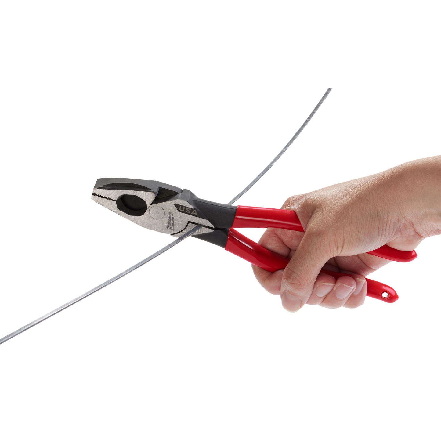 Red dipped handle lineman pliers gripping wire with forged steel head for tools and home improvement tasks