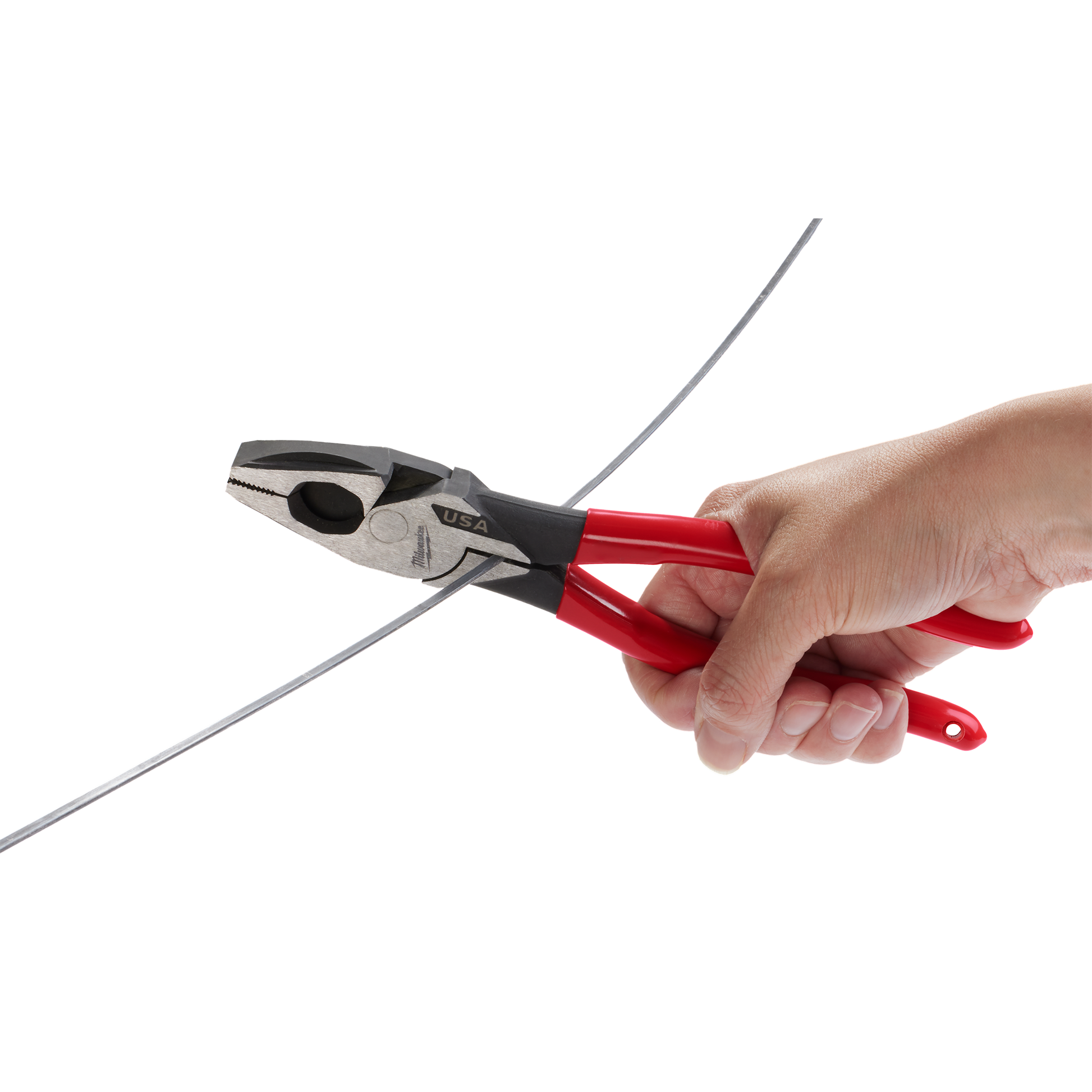 Red dipped handle lineman pliers gripping wire with forged steel head for tools and home improvement tasks