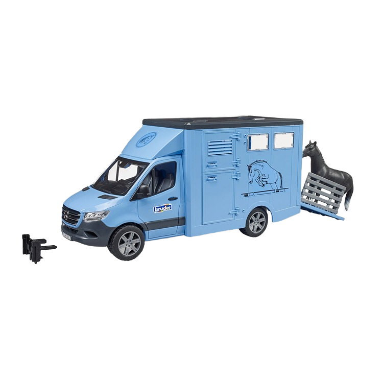 Blue toy animal transporter truck with detachable trailer ramp and black horse figure for Bruder Toys collection