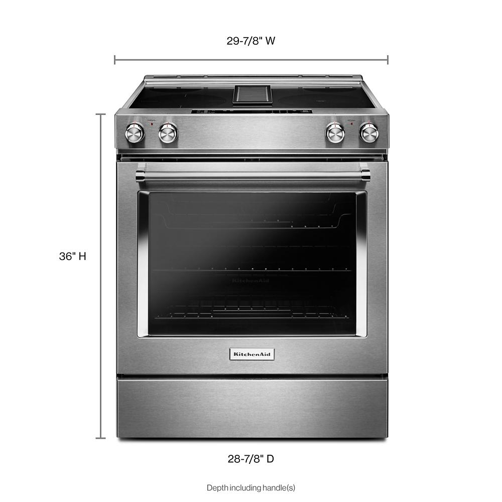 30-inch stainless steel electric range with four burners, downdraft vent, and large oven window from KitchenAid Ranges collection