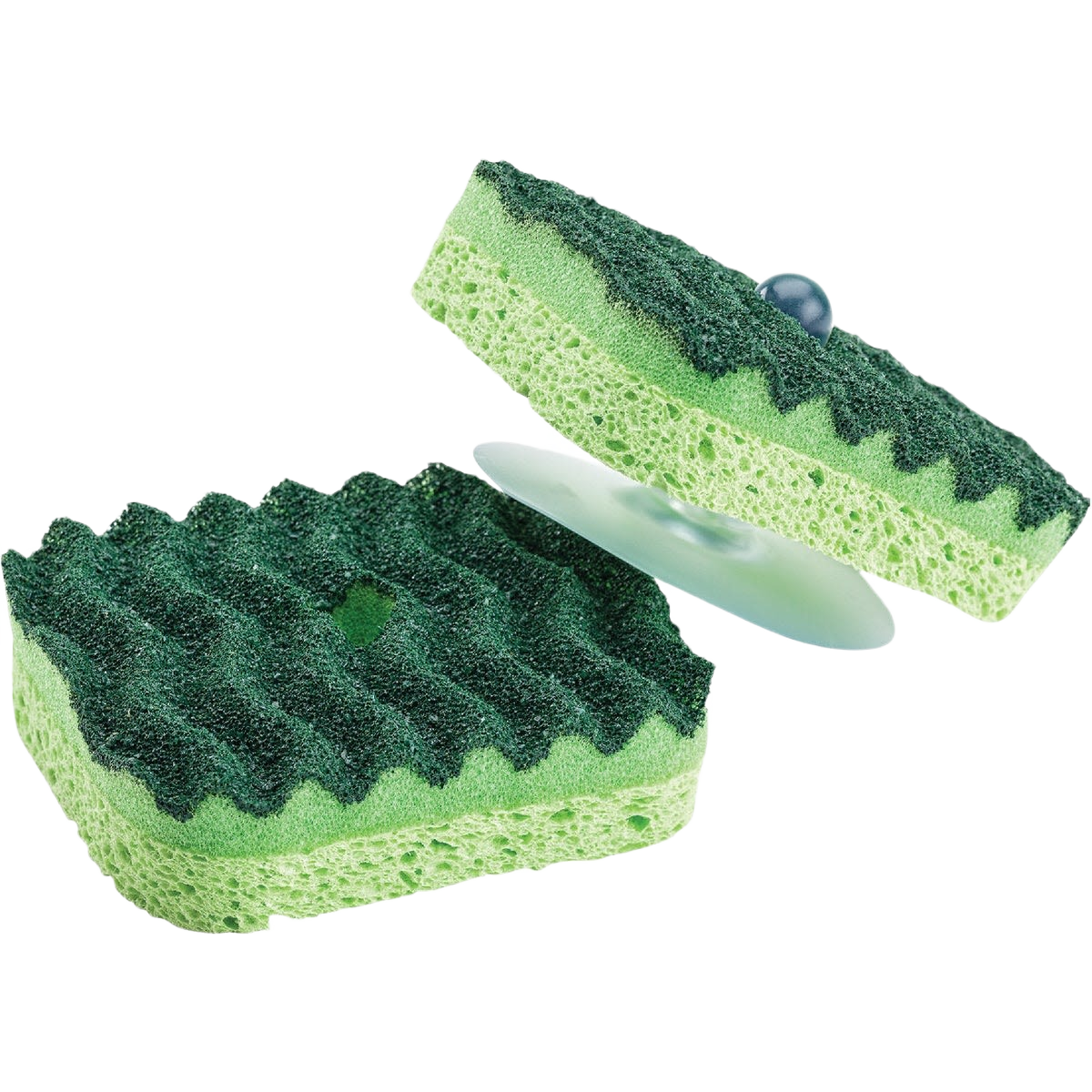 Two green scrub sponges with textured scrubbing surfaces designed for home cleaning tasks and durable use