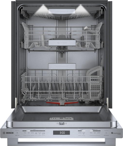 Open stainless steel Bosch dishwasher with illuminated interior racks and digital control panel from Kitchen & Kitchenware collection