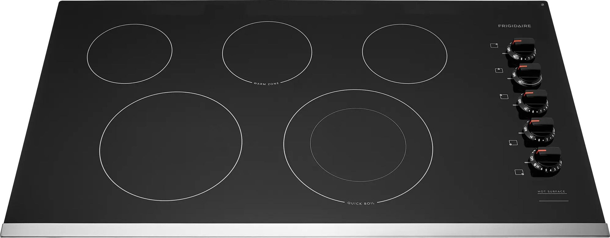 Black 36-inch electric cooktop with five cooking zones and control knobs for kitchen and appliance collections