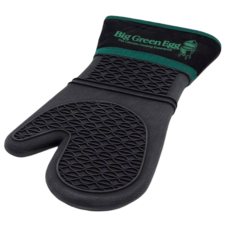 Black silicone grill mitt with textured grip and green trim for heat protection in grill accessories and outdoor living collections