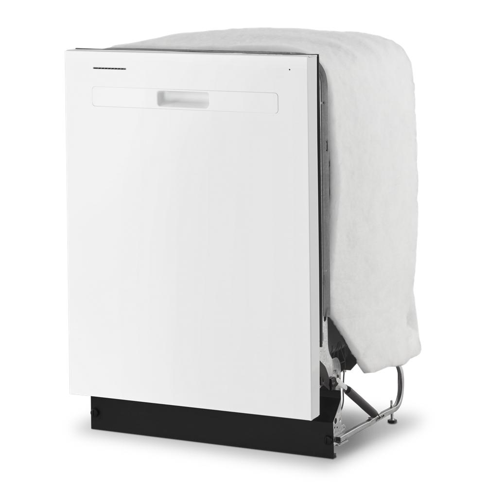 White 24-inch dishwasher with partially exposed insulation and black base in kitchen appliances and dishwashers collection