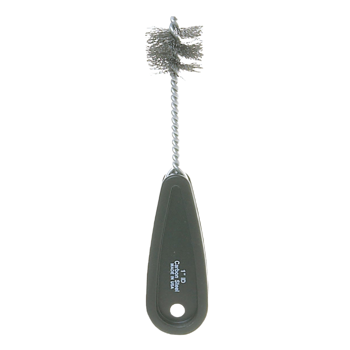 Wire fitting brush with twisted steel bristles and gray molded handle for cleaning small pipes and fittings in tools and home improvement tasks