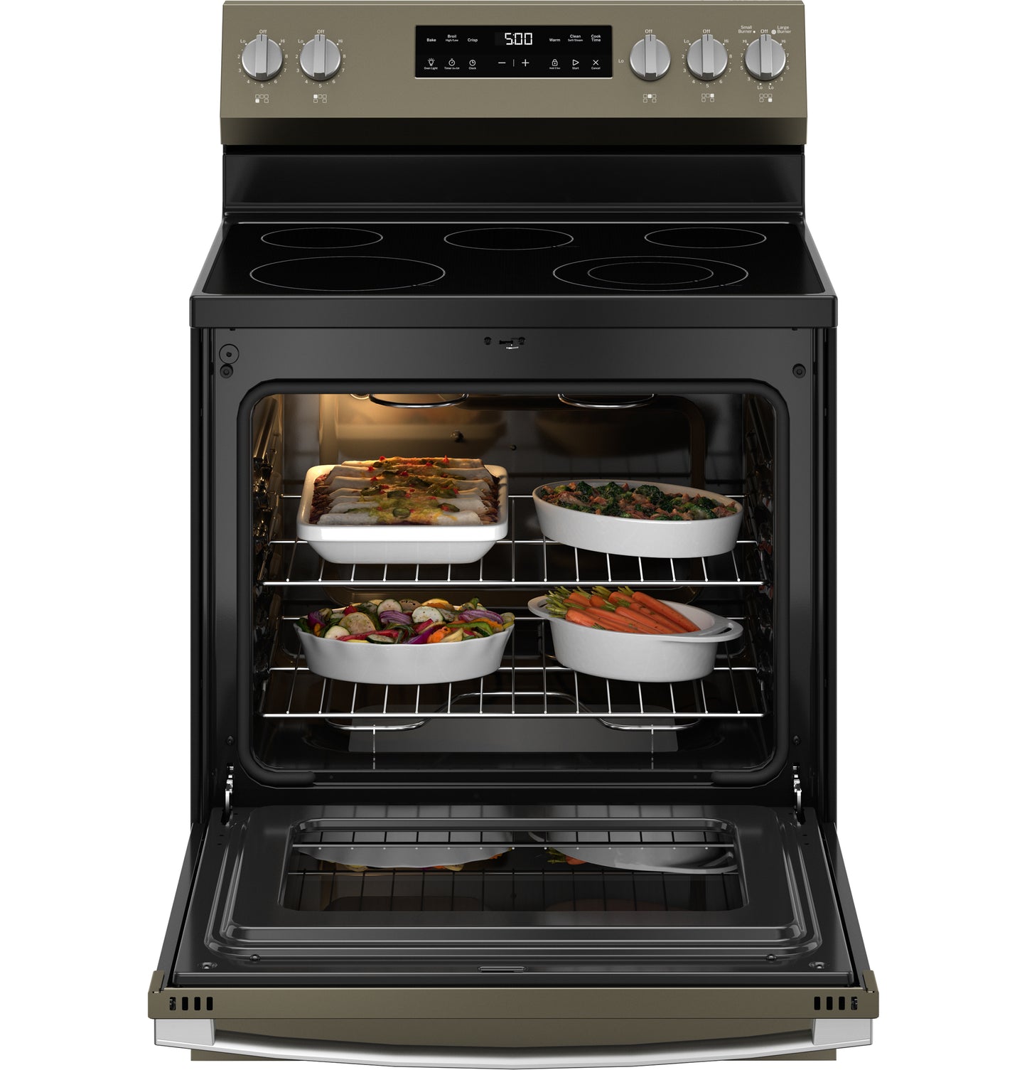 Free-standing electric range with open oven showing four dishes inside and control panel with four knobs from Electric Ranges collection