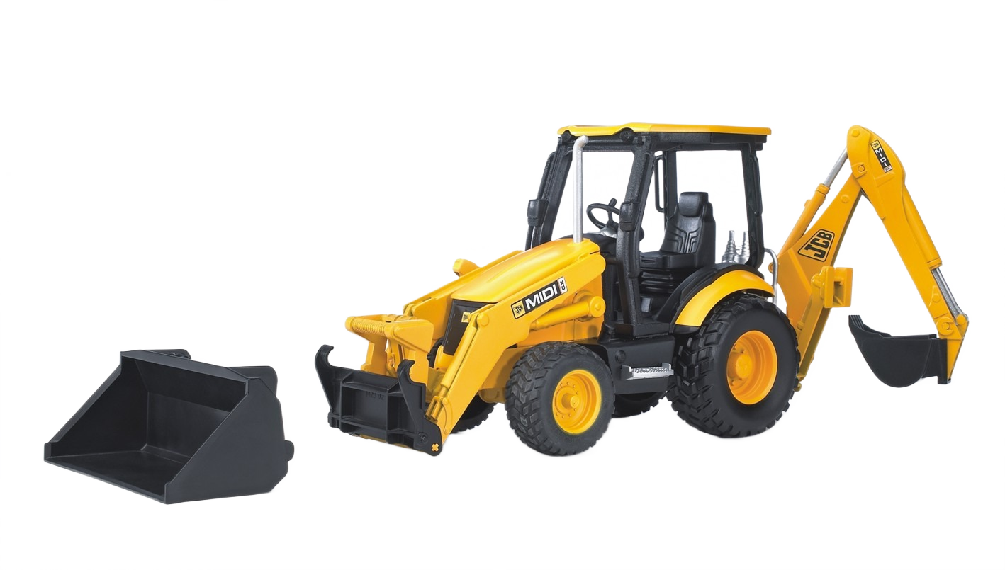 Yellow and black 1:16 scale JCB backhoe loader toy featuring detachable front loader in Vehicles & Remote Controlled Toys collection