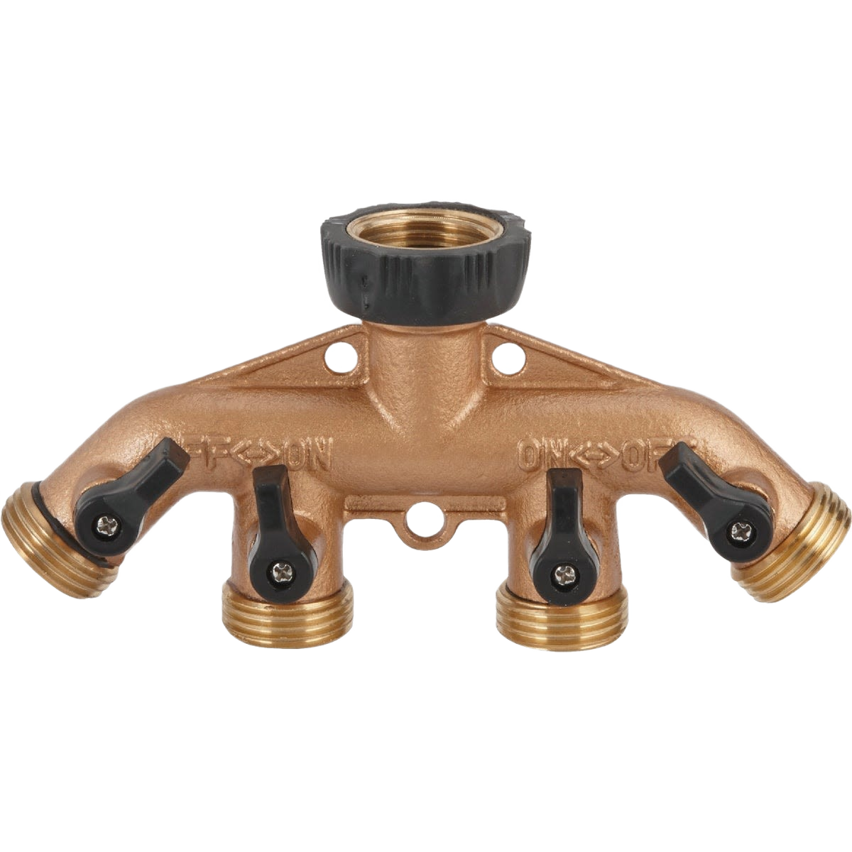 Brass 4-way hose shutoff manifold with individual valves for managing multiple garden hoses in watering and irrigation tasks