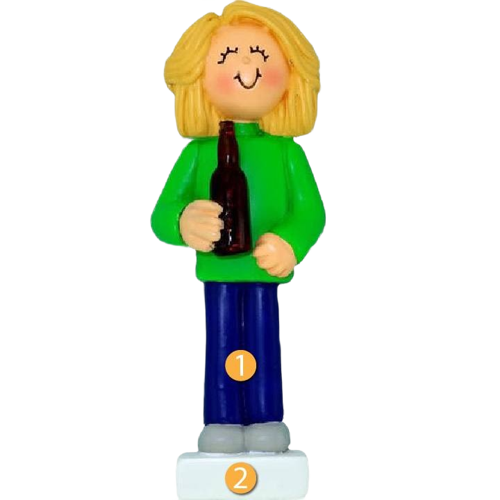 Figurine ornament of a blonde woman in green shirt holding a bottle for Christmas Ornaments & Tree Decorations under $50 collection