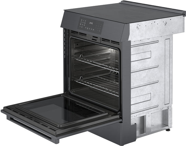 Black stainless steel 30-inch induction slide-in range with open oven door and digital touch controls