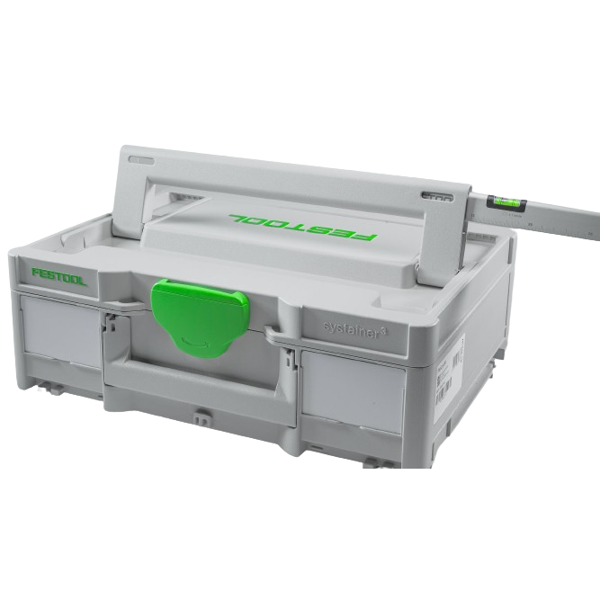 Gray plastic Festool systainer case with green latch and attached leveling tool for home improvement use