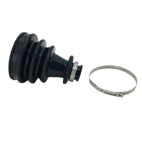 Black rubber axle shaft boot with metal clamp ring for replacement in tools and home improvement projects