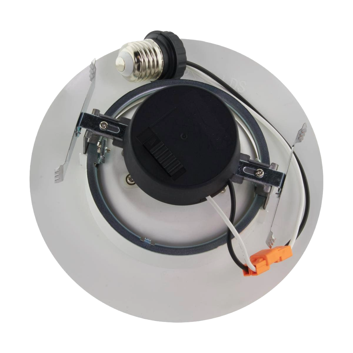 White modern LED dimmable directional retrofit downlight with wiring and mounting clips for lighting and electrical use