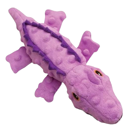 Purple soft plush alligator dog toy with textured surface, squeakers, and crinkle material for pet play and chewing.