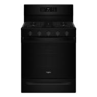 Black 30-inch gas range with digital control panel and five burner knobs in kitchen appliances collection