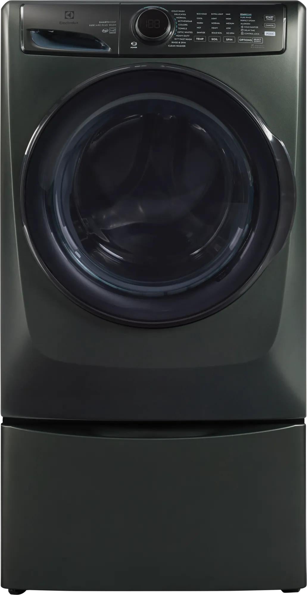 Dark gray front load washer with digital display and multiple cycle options from washers and appliances collection