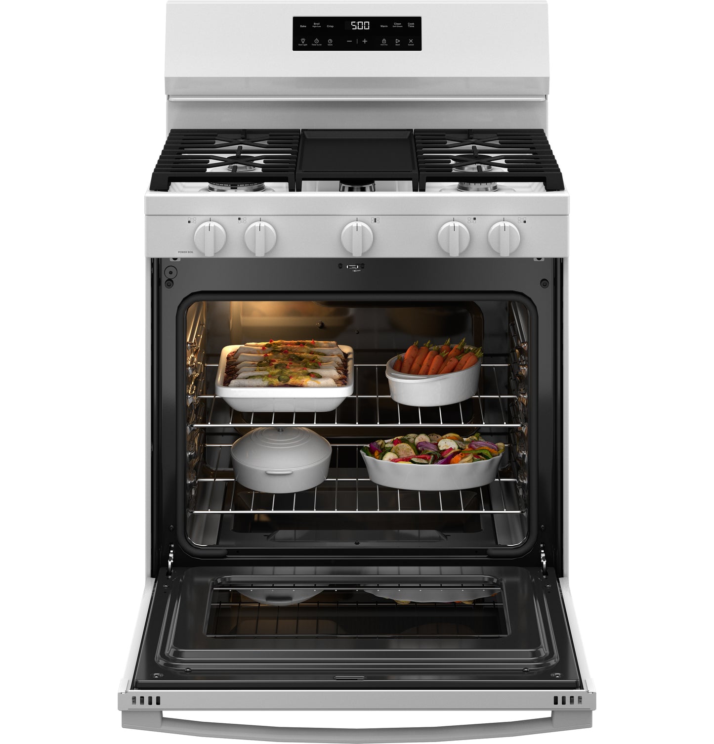 White free-standing gas range from kitchen appliances collection with four burners, control knobs, and open oven filled with cookware