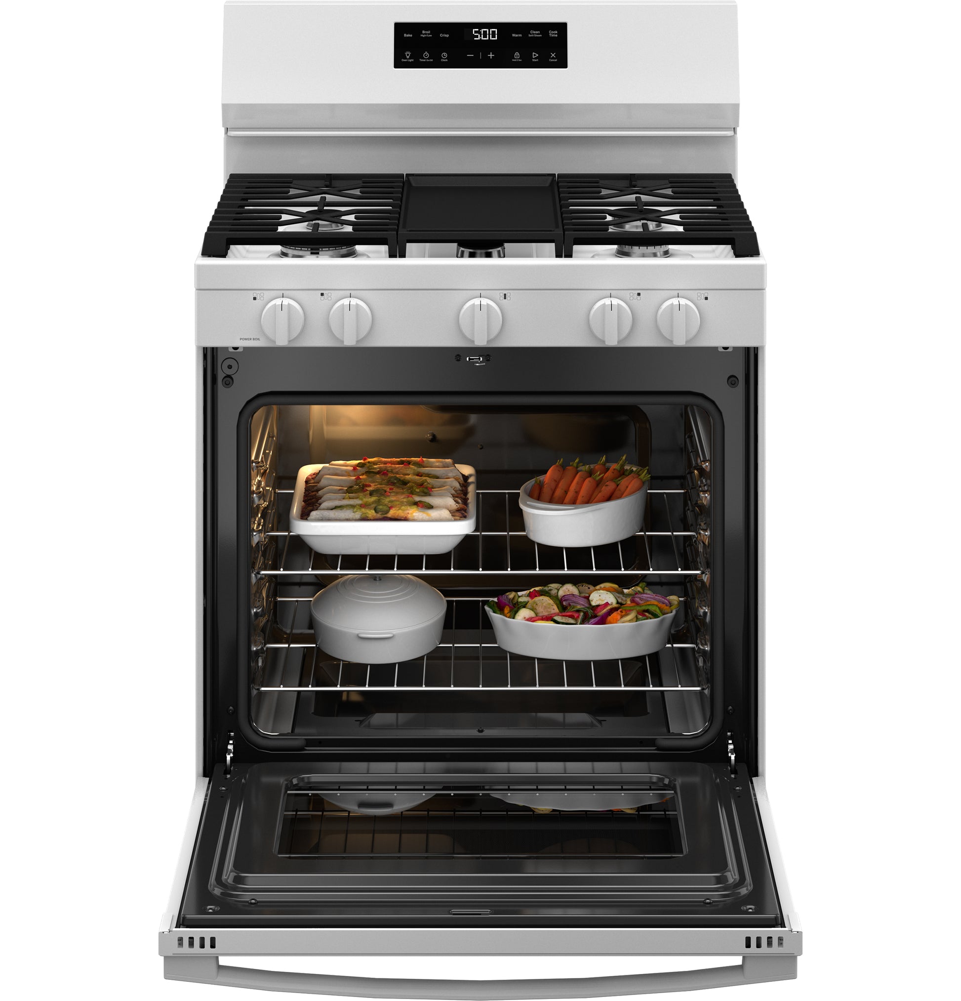 White free-standing gas range from kitchen appliances collection with four burners, control knobs, and open oven filled with cookware