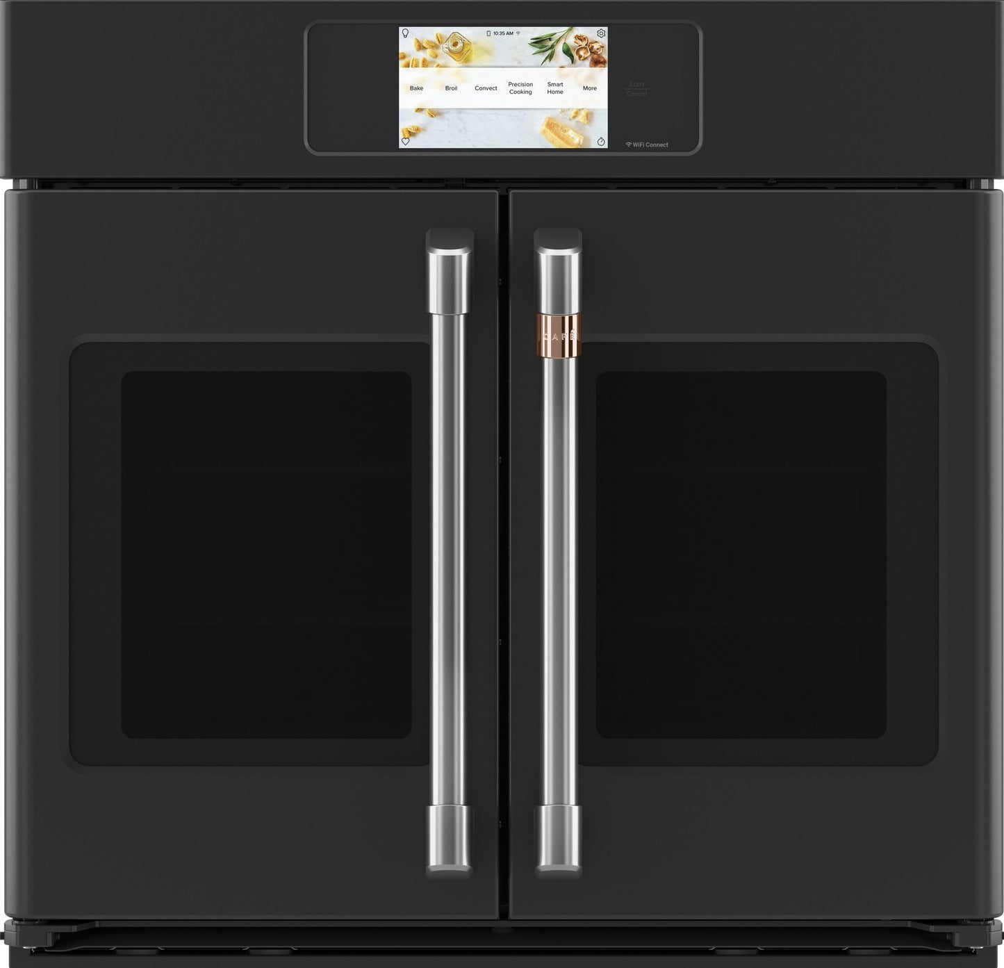 Black built-in convection wall oven with French doors, dual stainless handles, and touchscreen control panel in modern kitchen setting