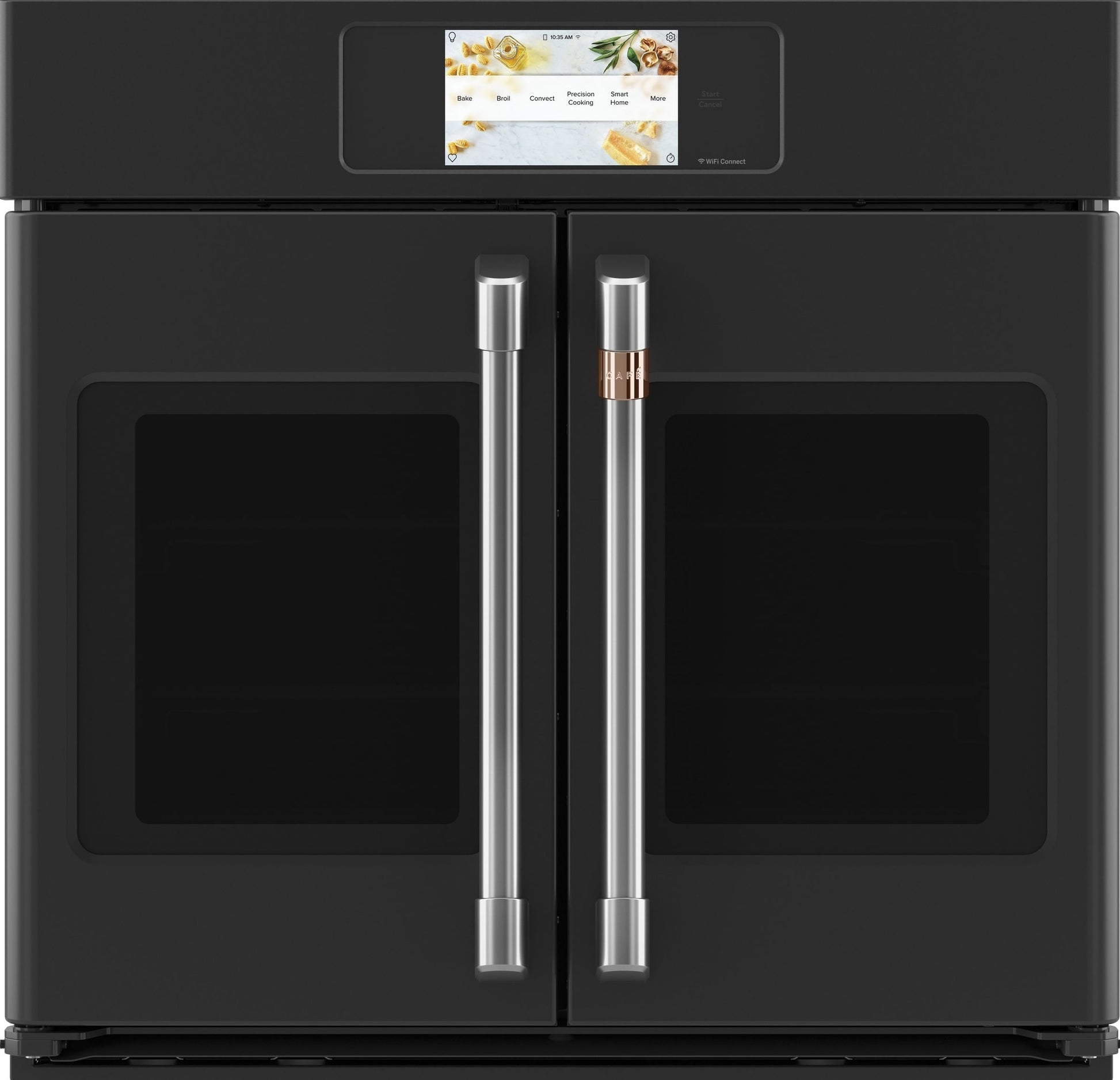Black built-in convection wall oven with French doors, dual stainless handles, and touchscreen control panel in modern kitchen setting