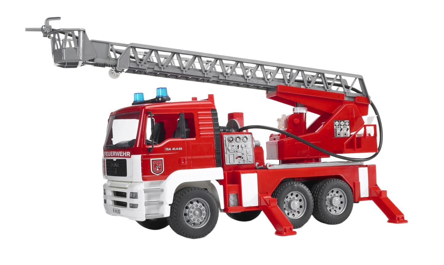 Red and white toy fire truck with extendable ladder, water pump, and lights in Bruder Toys vehicle collection