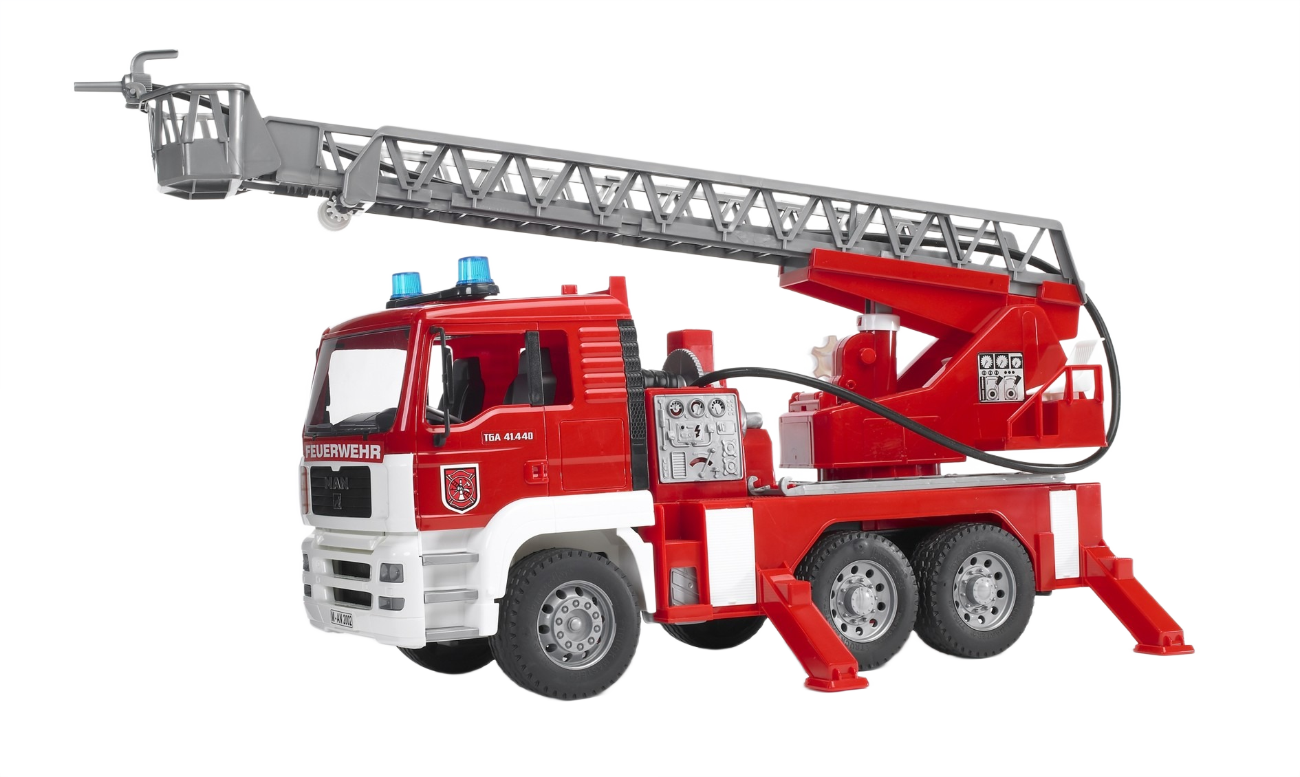 Red and white toy fire truck with extendable ladder, water pump, and lights in Bruder Toys vehicle collection