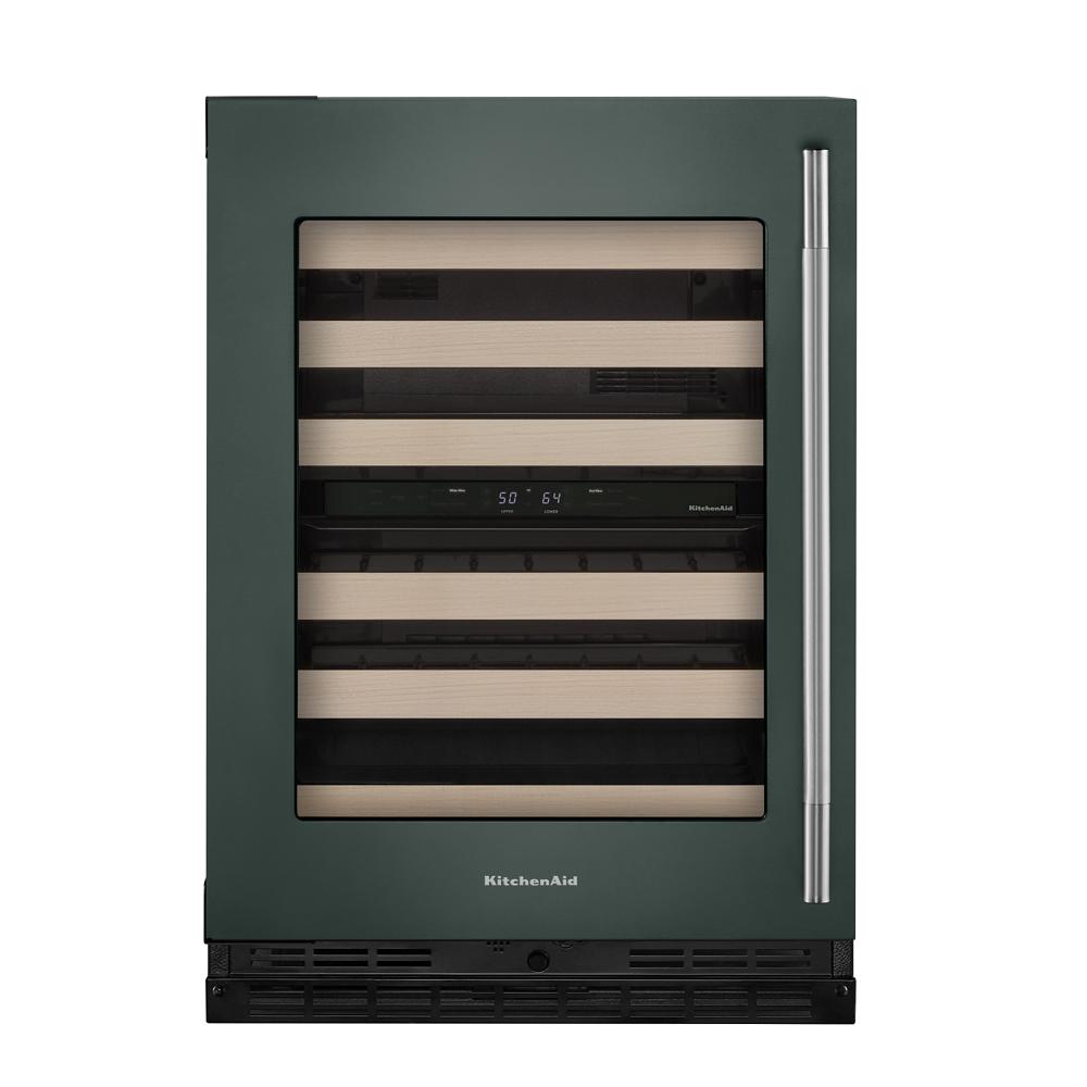24-inch undercounter wine cooler with full-extension wood racks, digital display, stainless steel handle in KitchenAid appliances