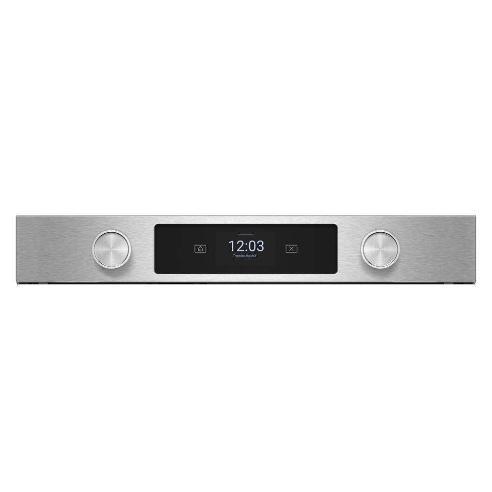 Stainless steel control panel with LED touchscreen and two brushed metal knobs for smart wall oven settings