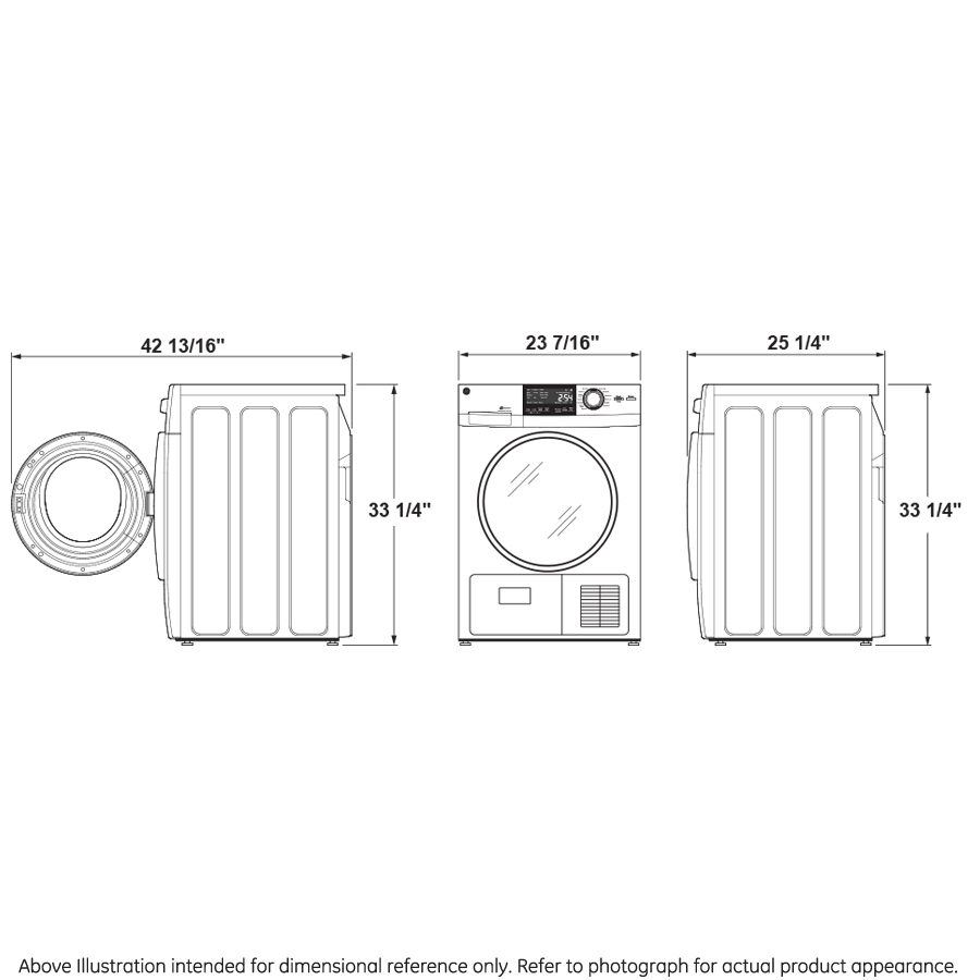 Technical line drawing of front-load vented electric dryer with door open, showing dimensions and control panel details