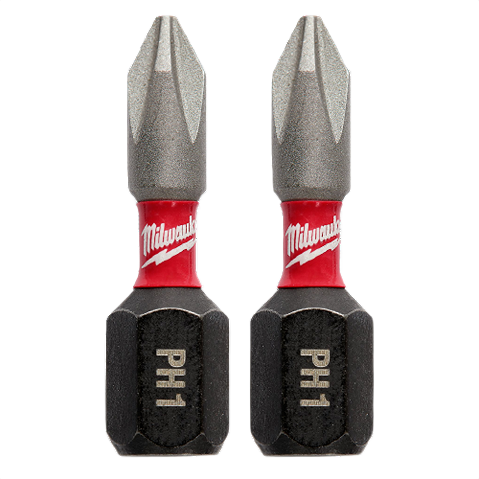 Pair of Milwaukee 1-inch PH1 Phillips impact duty drill bits with red band and hex shank for tool accessories collection