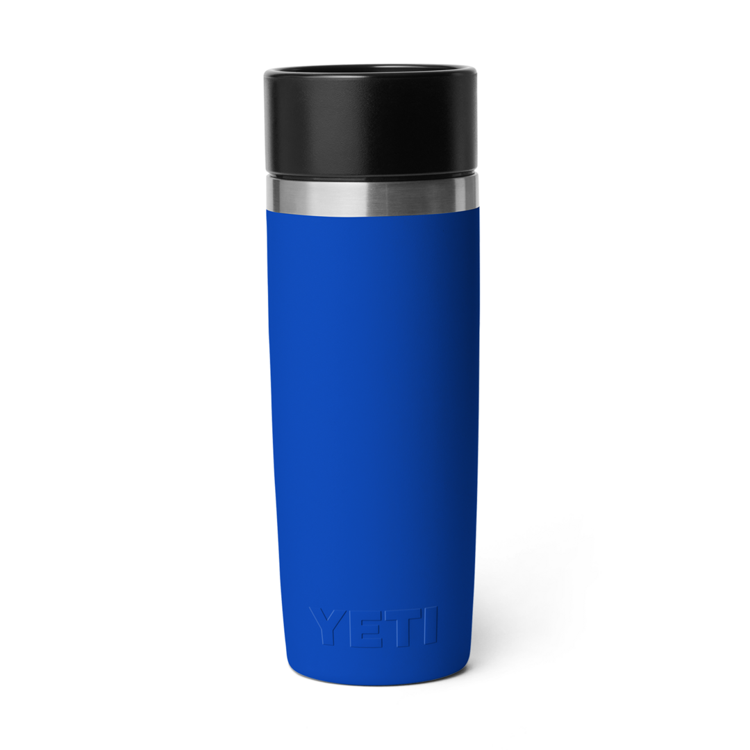 Bright blue insulated 16 oz travel bottle with stainless steel band and black lid in drinkware and kitchenware collections