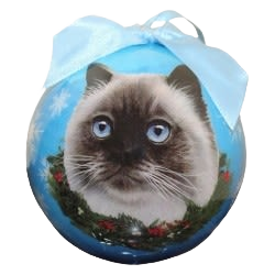 Blue Christmas ball ornament featuring a Himalayan cat face with blue eyes and decorative holiday wreath design