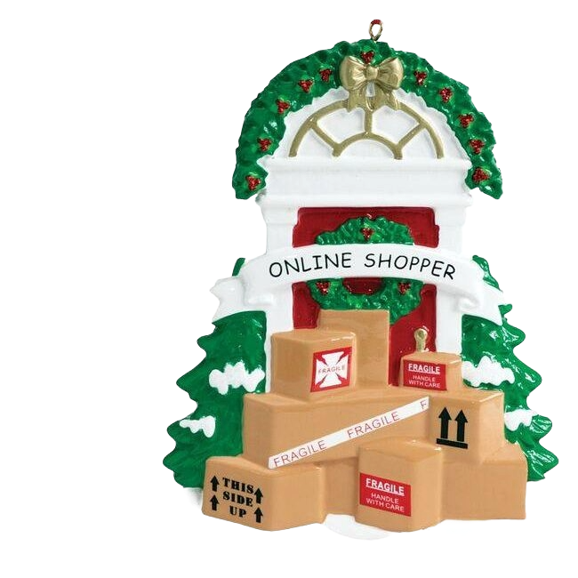 Christmas ornament of a red door wreath with stacked fragile packages and "Online Shopper" banner under $50 holiday décor