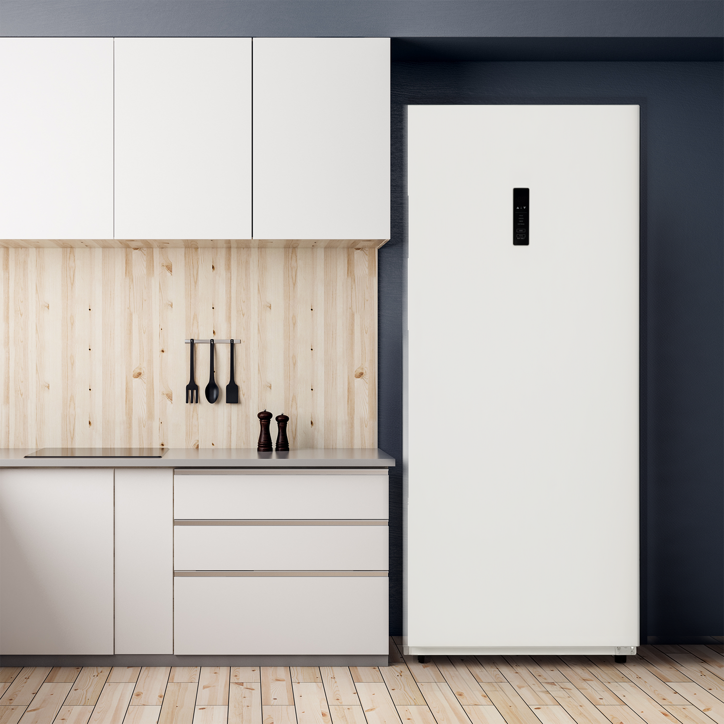 Sleek white upright freezer and refrigerator with digital control panel in a modern kitchen setting, part of Refrigerators, Kitchen & Kitchenware, Appliances collections at Hartville Hardware.