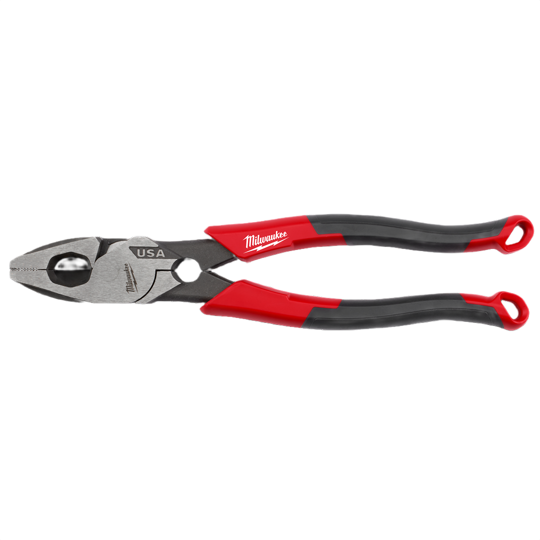 Red and black comfort grip lineman’s pliers with thread cleaner for home improvement and tool use