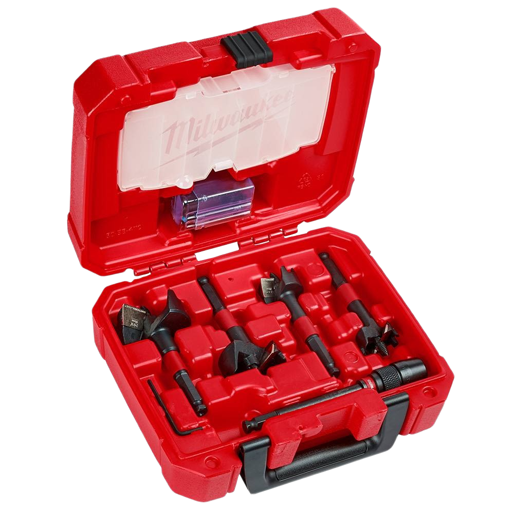 Compact red case containing a 5-piece plumber’s self-feed drill bit set for tools and home improvement tasks