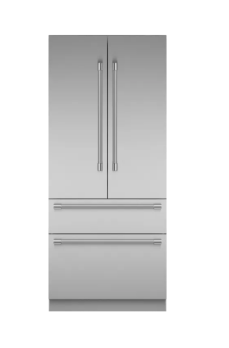 Built-in stainless steel French door refrigerator with bottom freezer drawer from Thermador kitchen appliances collection