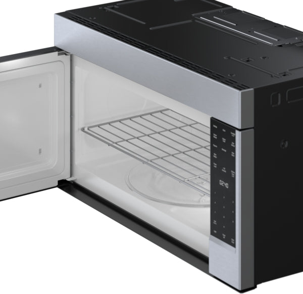 Open stainless steel microwave with side-opening door showing wire rack and digital control panel from Bosch appliances collection