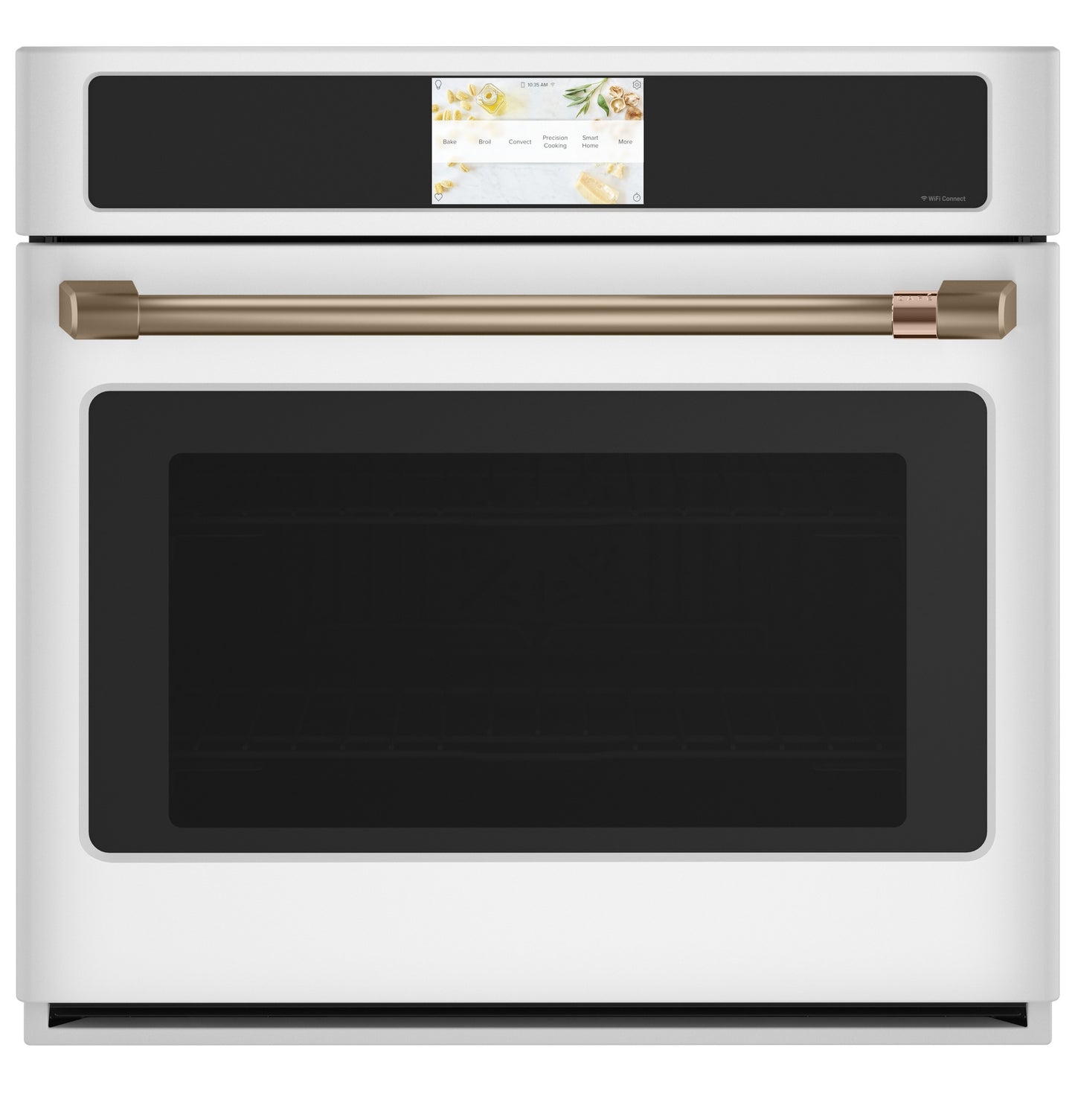 White smart built-in convection wall oven with brass handle and touchscreen in modern kitchen appliance collection