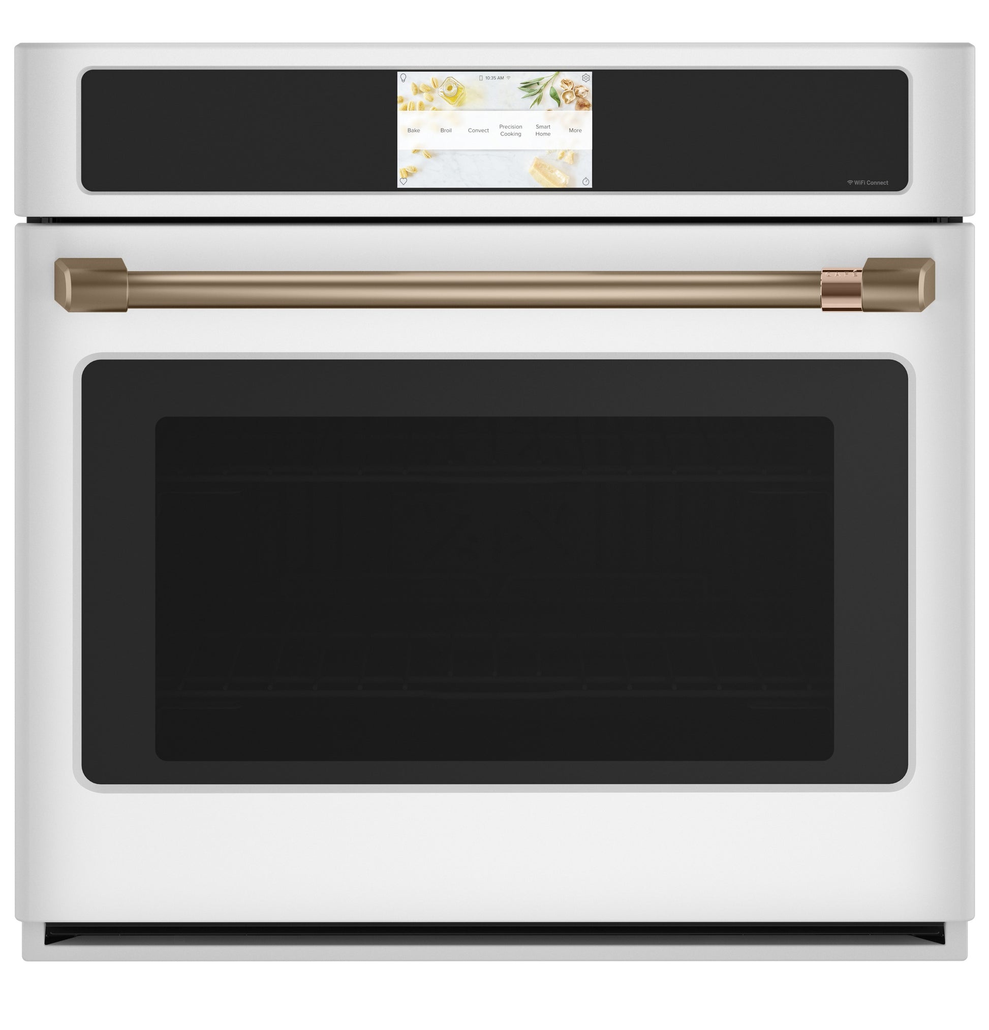 White smart built-in convection wall oven with brass handle and touchscreen in modern kitchen appliance collection