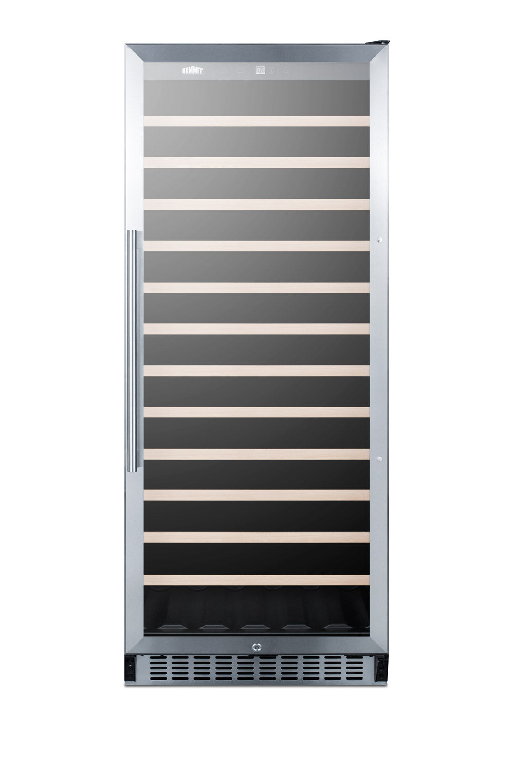 Mid-sized stainless steel wine cellar with twelve wooden slide-out shelves for kitchen and appliances collection