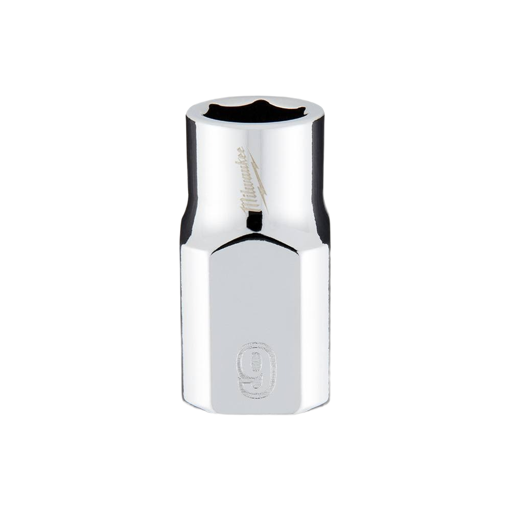 Chrome-finished 9-mm 6-point socket with flat sides designed for tool storage in hand and woodworking tool collections