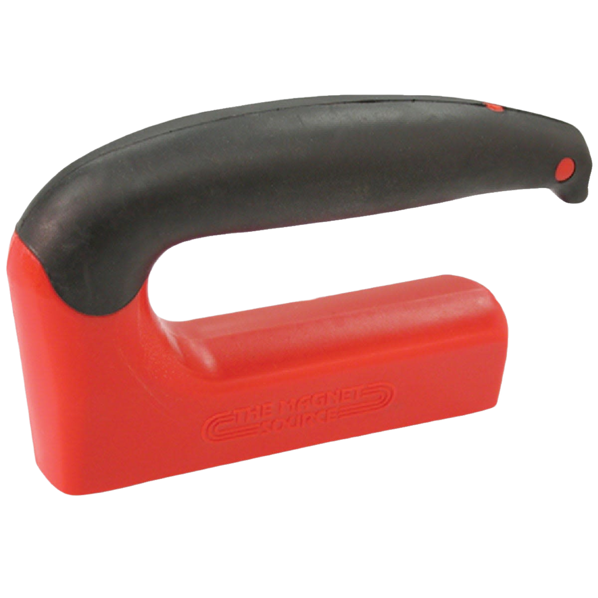 Red magnet encased in plastic with ergonomic black rubber handle for lifting heavy metal objects in hardware and tools collections