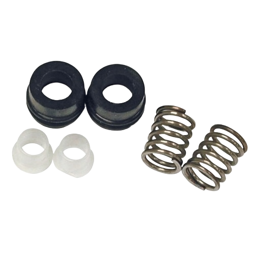 Set of black and white faucet seals with two metal springs for home improvement repair tasks
