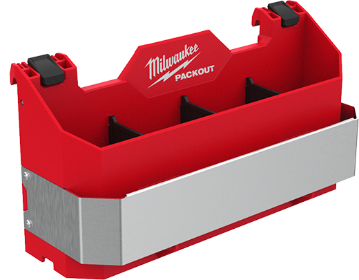 Red Milwaukee PACKOUT™ tool box attachment with metal front and compartments for organizing hand tools