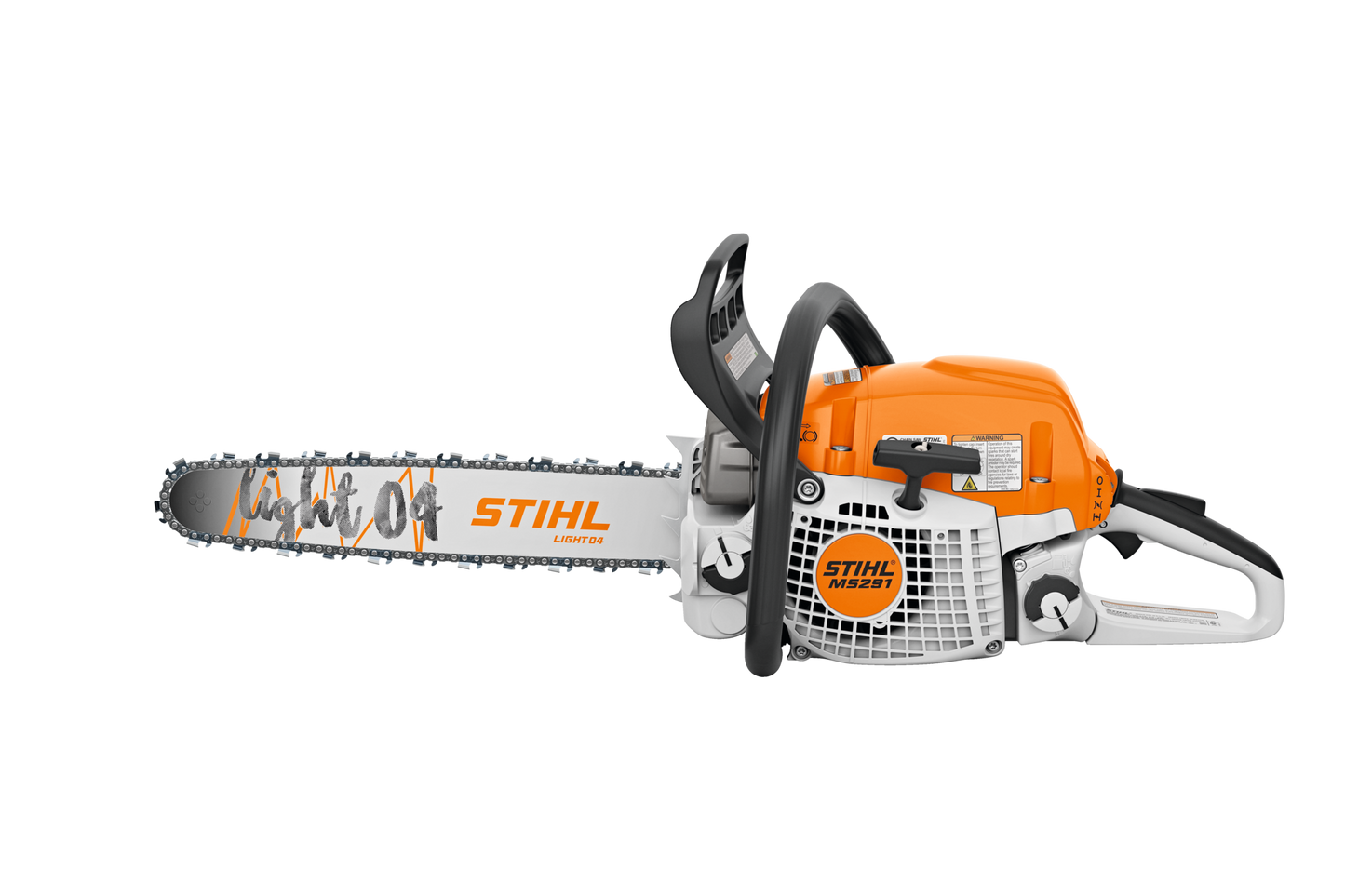 Orange and white fuel-efficient chainsaw with 20-inch bar designed for tools and home improvement projects